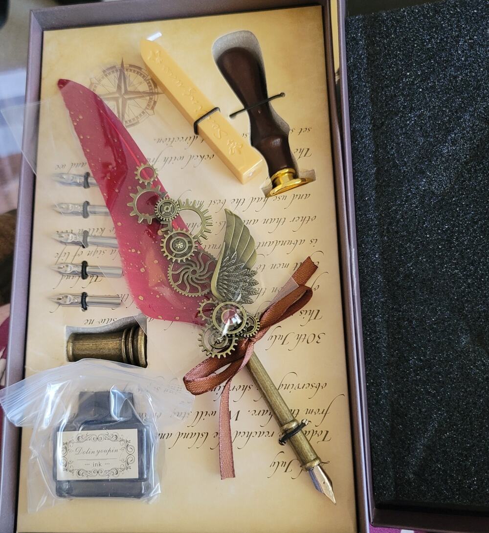 Steampunk Calligraphy Feather Dip Pen Wax Seal Kit Dark Academia Goth Ink Nibs